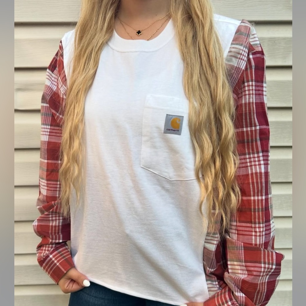 Carhartt White and Red Plaid Long Sleeve Shirt